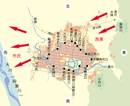 若松城下と大川の位置関係図